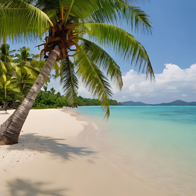 una palmera en una playa con un cielo azul y el océano en el fondo