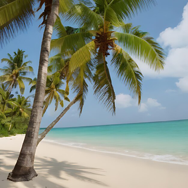 una palmera en una playa con un cielo azul y el océano en el fondo