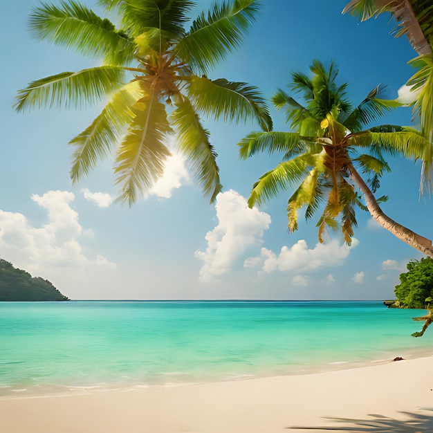 una palmera en una playa con un cielo azul y una playa en el fondo