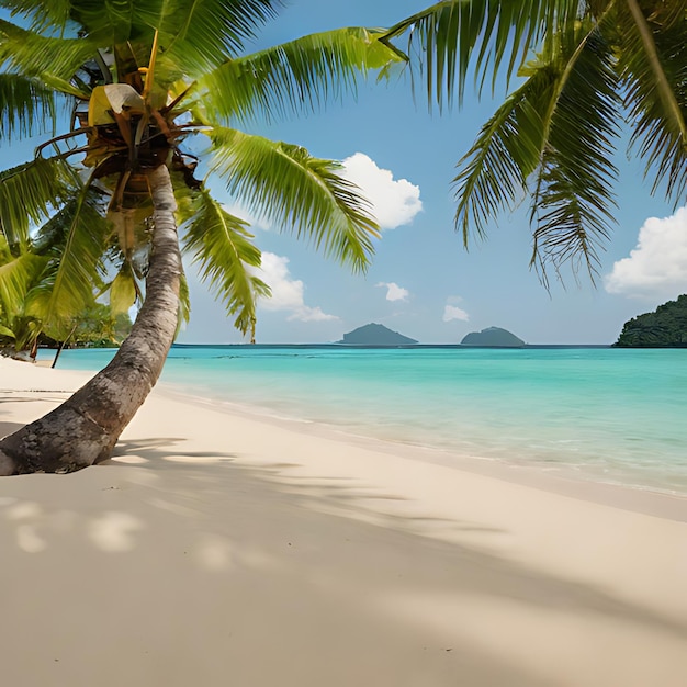 una palmera en una playa con un cielo azul y una playa en el fondo