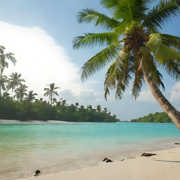 una palmera en una playa con un cielo azul y una playa en el fondo