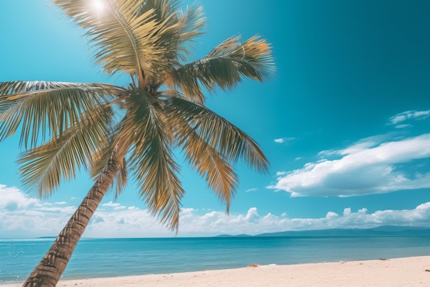 una palmera en una playa con un cielo azul