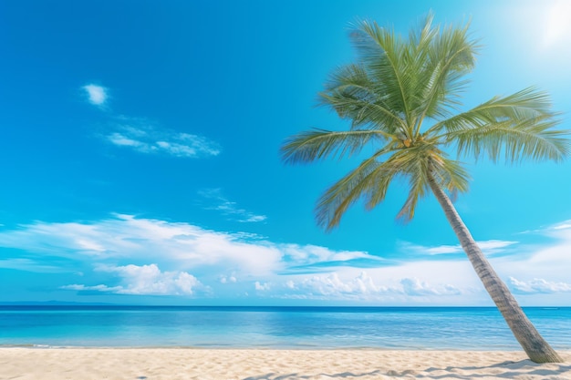 una palmera en una playa con un cielo azul