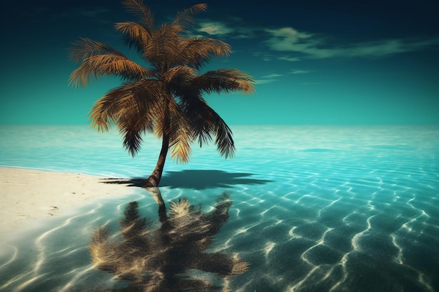 Una palmera en una playa con el cielo de fondo