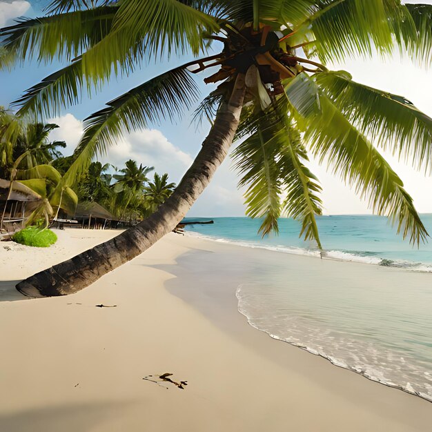 Foto una palmera está en una playa con un edificio en el fondo