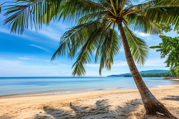 una palmera en la playa está en primer plano y el cielo es azul