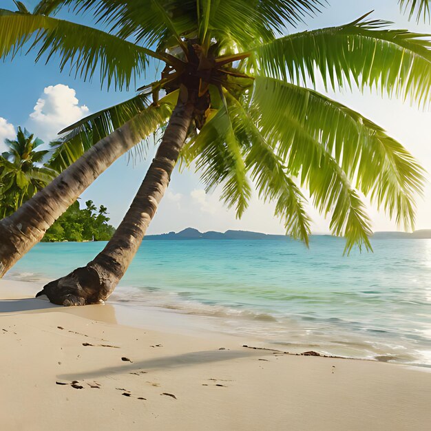 una palmera en una playa con un fondo de cielo