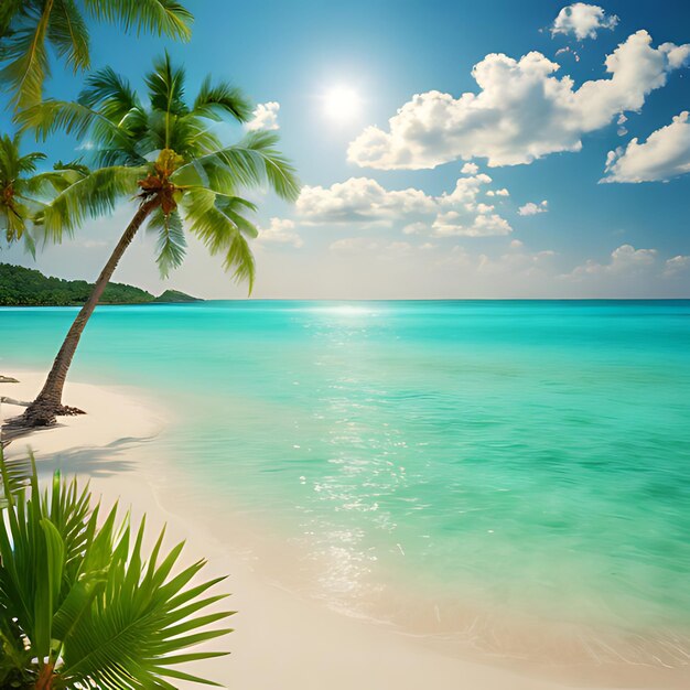 Foto una palmera está en la playa frente a una playa iluminada por el sol