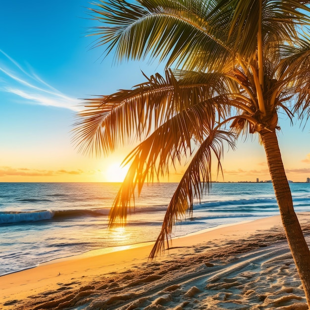 Palmera en la playa con una hermosa puesta de sol