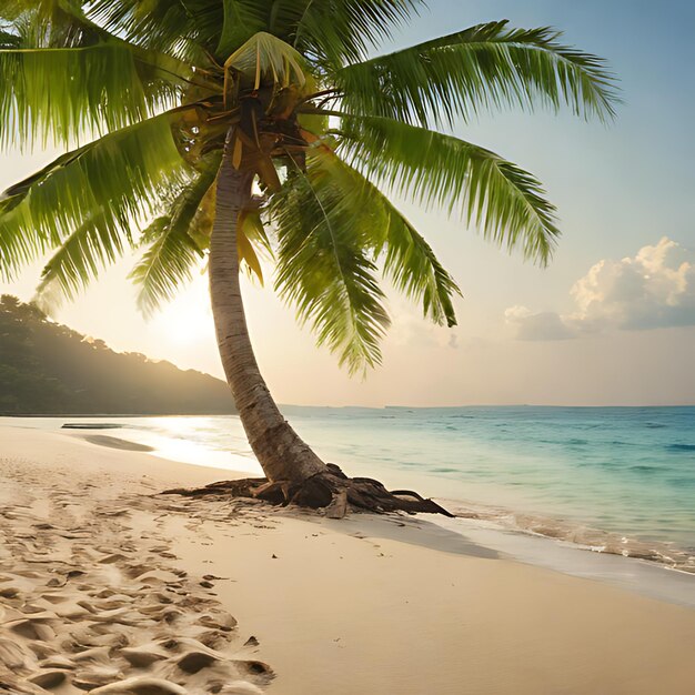 una palmera en una playa con huellas en la arena