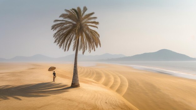 Una palmera en la playa con una mujer bajo un paraguas.