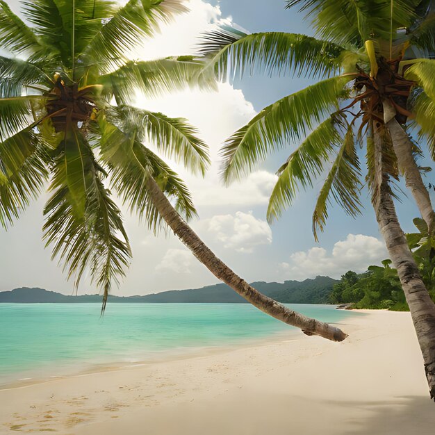 una palmera en una playa con un océano azul en el fondo