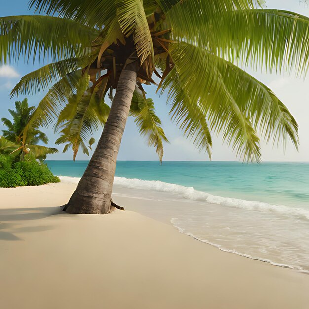 una palmera en una playa con el océano en el fondo