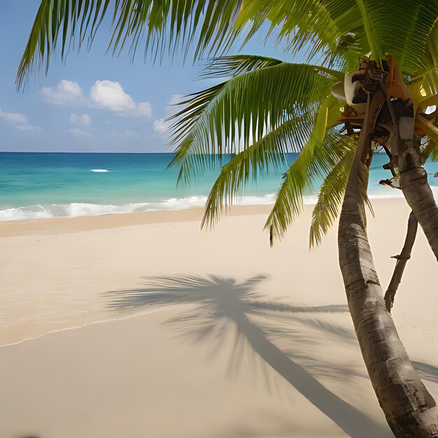 una palmera en una playa con el océano en el fondo