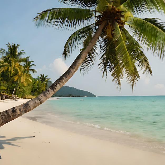 una palmera en una playa con una persona sentada en la sombra