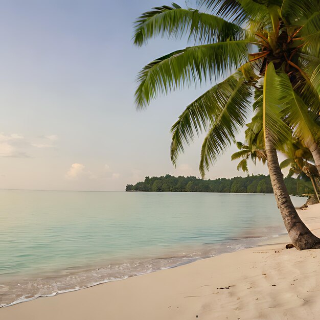 una palmera en una playa con una playa en el fondo