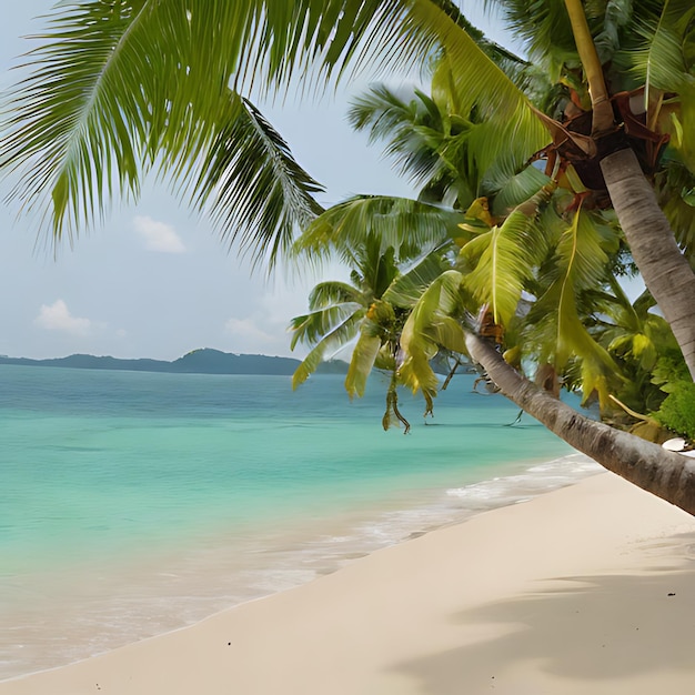 una palmera en una playa con una playa en el fondo