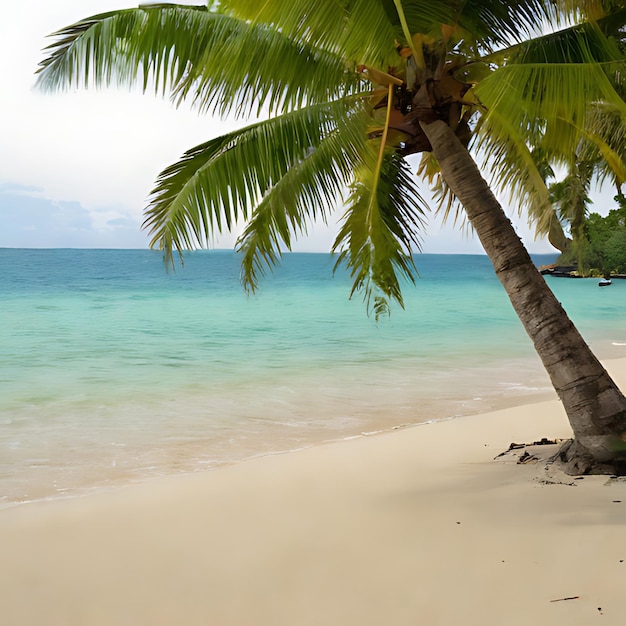 una palmera en una playa con una playa en el fondo