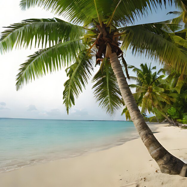 una palmera en una playa con una playa en el fondo