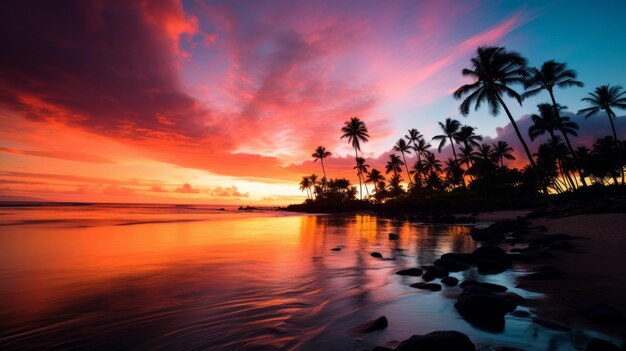 palmera en la playa durante la puesta de sol cielo rosado de una hermosa playa tropical red neuronal generada por la IA