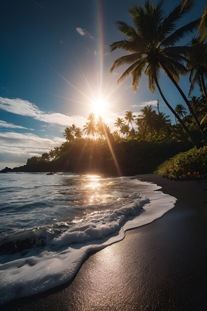 Foto una palmera está en la playa y el sol está brillando en el agua