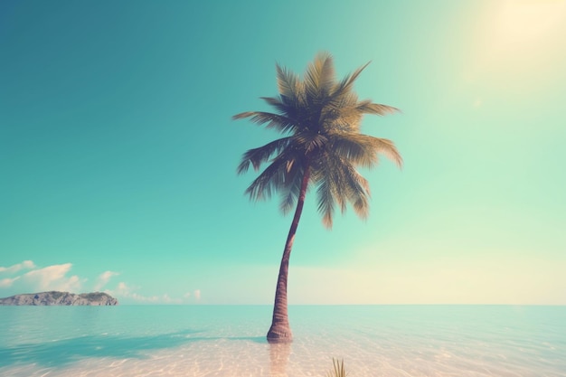 Una palmera en una playa con el sol brillando sobre ella.