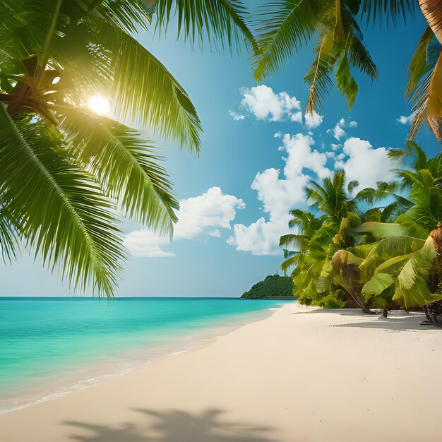 Foto una palmera en una playa con un sol brillando a través de las nubes