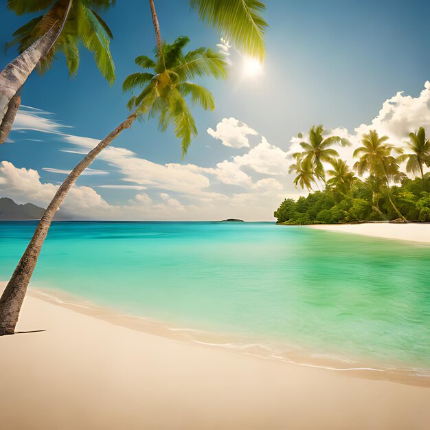 una palmera en una playa con un sol brillando a través de las nubes