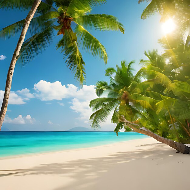 una palmera en una playa con el sol brillando a través de las nubes