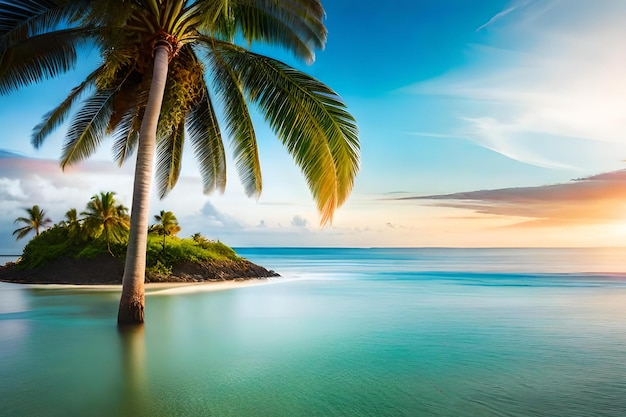 Una palmera en la playa por la tarde.