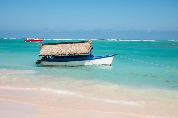 Palmera de playa tropical y barco de pesca en punta cana república dominicana