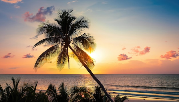 Palmera en playa tropical con cielo azul y nubes blancas resumen antecedentes