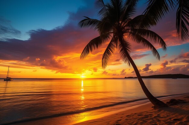 Foto palmera en una playa tropical durante la puesta de sol