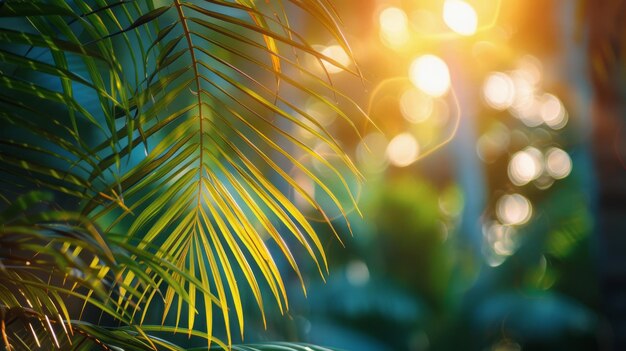 Palmera de primer plano con el sol en el fondo