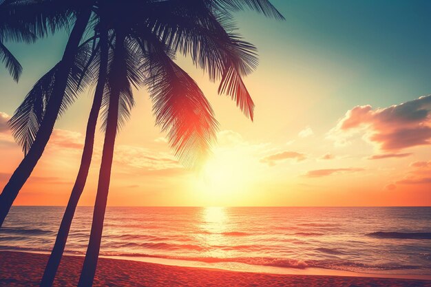 Foto palmera de silueta con sol arena y playa