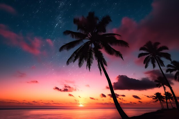 Palmera tropical al atardecer bajo el cielo del atardecer de la galaxia