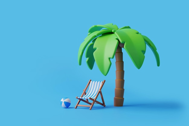 Palmera tropical de dibujos animados con silla y accesorios de playa sobre un fondo azul Concepto de verano 3D