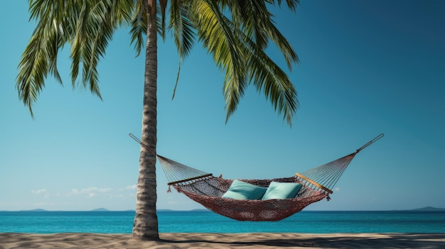 Una palmera tropical con una hamaca atada entre sus troncos