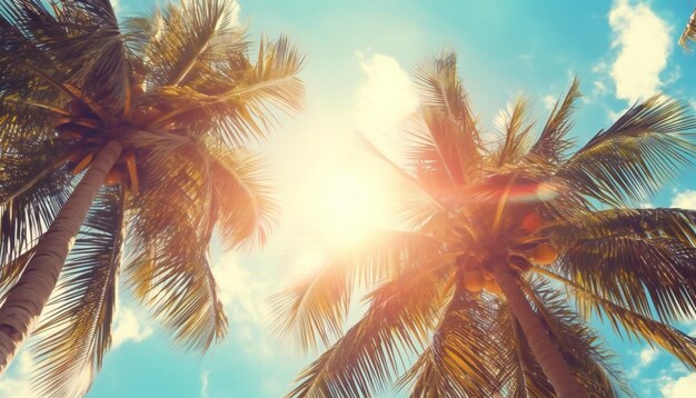 Palmera tropical con luz solar en el cielo