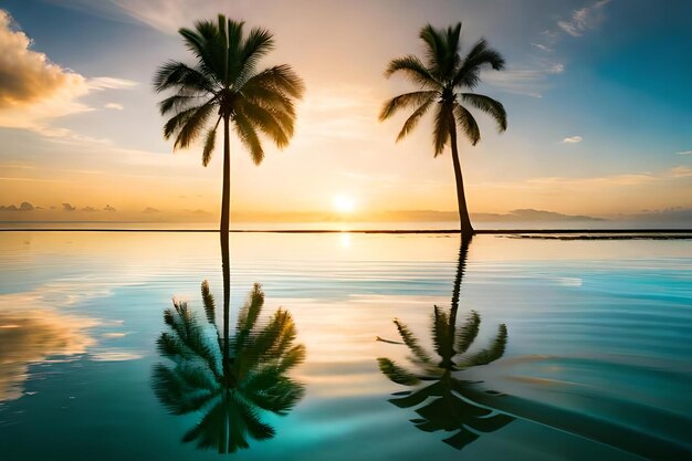 Palmeras en el agua al atardecer