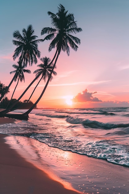 palmeras arrafadas en una playa al atardecer con olas generativas ai