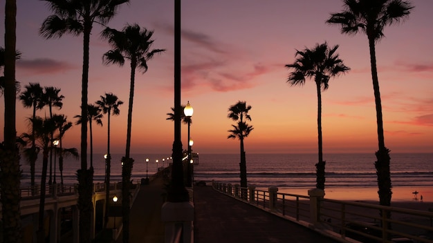 Palmeras y cielo crepuscular en California, Estados Unidos. Atmósfera tropical al atardecer en la playa del océano. Vibraciones de Los Ángeles.