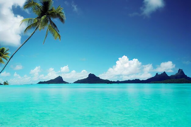 Palmeras contra el cielo azul costa tropical con montañas en un mar de fondo