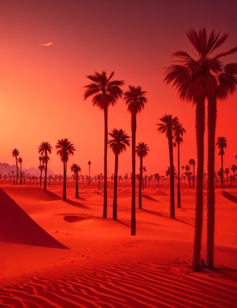 Palmeras de dátiles en el desierto con cielo rojo