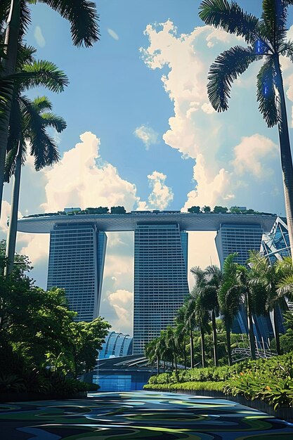 Foto palmeras y un edificio con un letrero que dice hotel en la parte superior