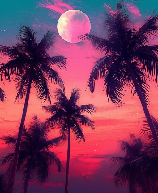 palmeras frente a un cielo rosado con luna llena ai generativa