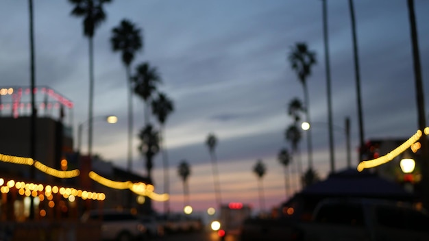 Palmeras en las luces de la playa del océano en el crepúsculo costa de california san diego estados unidos