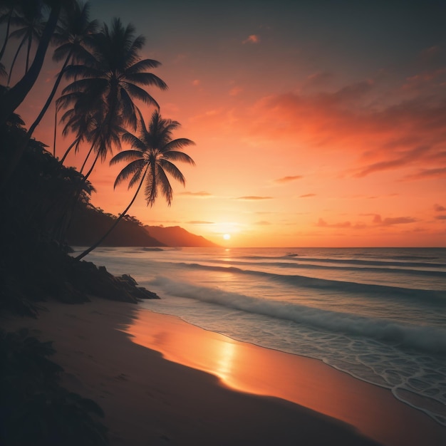 Palmeras en la playa al atardecer con el sol poniéndose detrás de ellos.