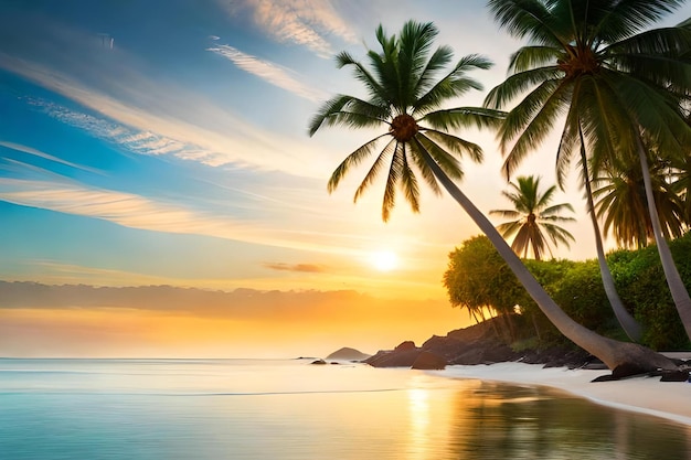 Palmeras en una playa al atardecer