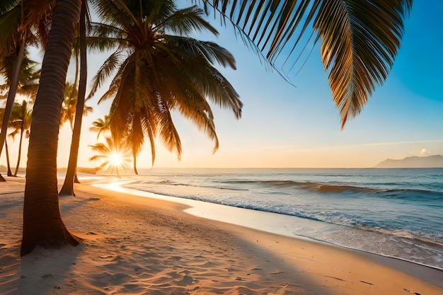 Palmeras en una playa al atardecer